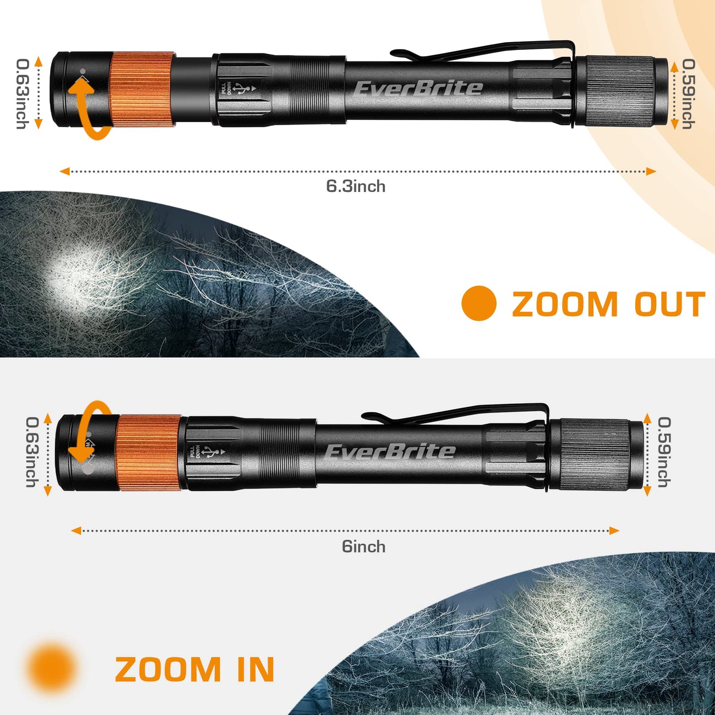 EverBrite Rechargeable Pen Light, 300 Lumens LED Flashlight, Zoomable, Aluminum, Black