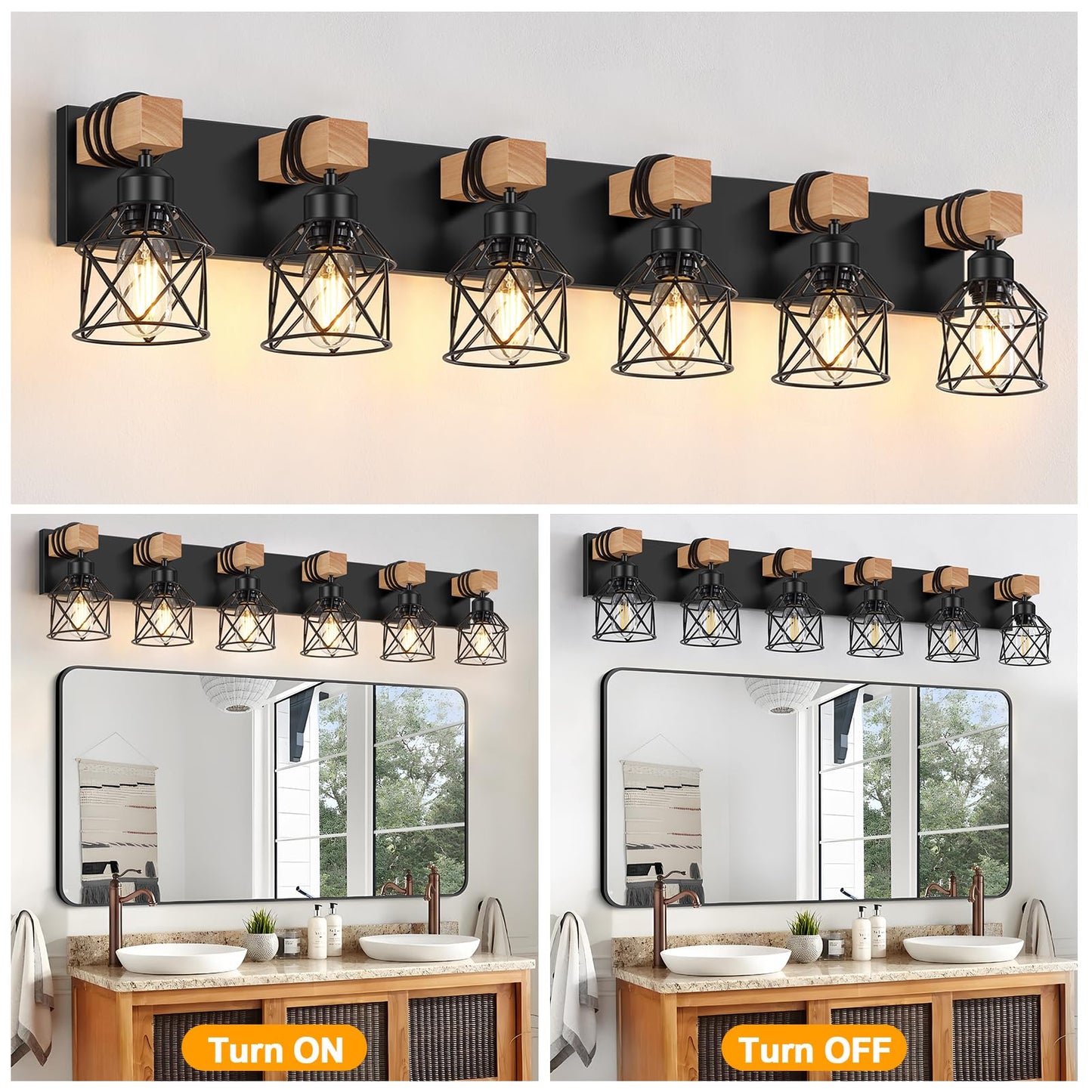 Fadimikoo 6-Light Farmhouse Bathroom Lighting Fixtures  Wood Black Vanity Lights Over Mirror  Rustic Wall Sconces Lighting With Metal Lampshade  Vintage Wall Lights For Bedroom  Living Room  Hallway
