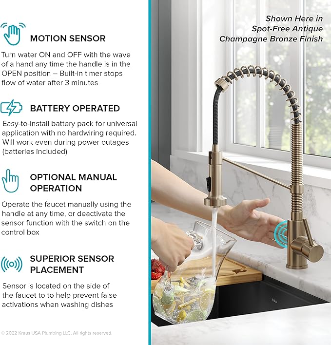 KRAUS Bolden Touchless Sensor Commercial Style 2-Function Single Handle Pull-Down Kitchen Faucet in Spot-Free Stainless Steel / Matte Black, KSF-1610SFSMB