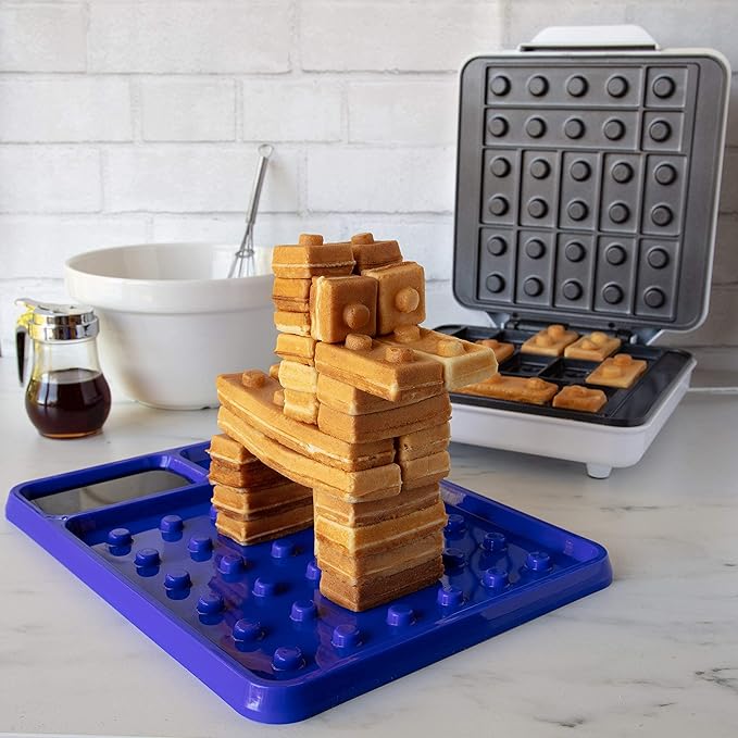 Building Brick Electric Waffle Maker w 2 Construction Eating Plates- Cook Buildable House or Car Waffles, Pancakes in Minutes- Fun Breakfast for Kids Adults- Stack & Build on Serving Dish, Unique Gift