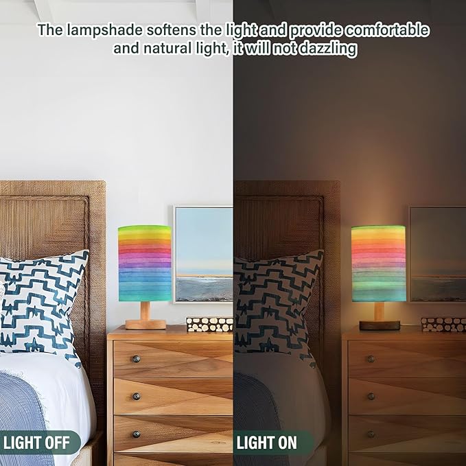 Table Lamp Colorful Striped Watercolor Bright Color Rainbow Print Nightstand Lamp with Wood Base Fabric Lamp Shade Bedside Desk Lamp for Living Room Bedroom Kids Room Office
