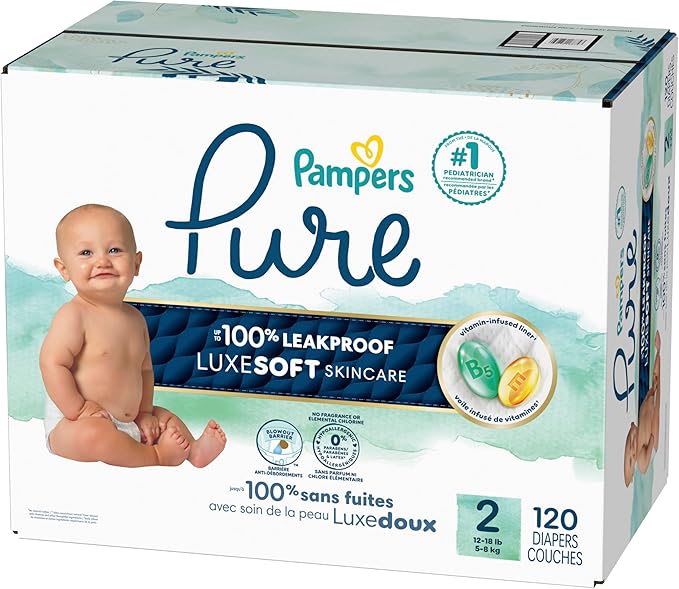 Pampers Pure Protection Baby Diapers, Size 2 (12-18 lbs), 120 Count, Up to 100% Leakproof, Premium Plant-Based Skin Protection, Hypoallergenic Soft Diapers