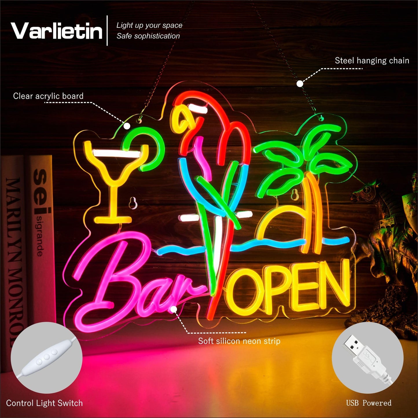 Bar Open Neon Sign For Wall Decor  Parrot Open malt-inspired Bar Led Light Up Dimmable Signs Compatible With Timer For Pub Party Man Cave Room Restaurant Business Party Art Decor Gift