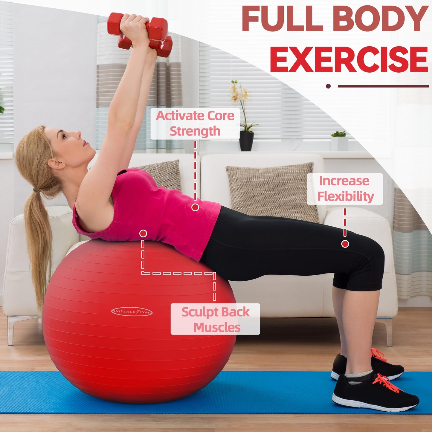 Fitvids Anti-Burst Slip Resistant Exercise Ball - 18-inch, 2,000-Pound Capacity, Red