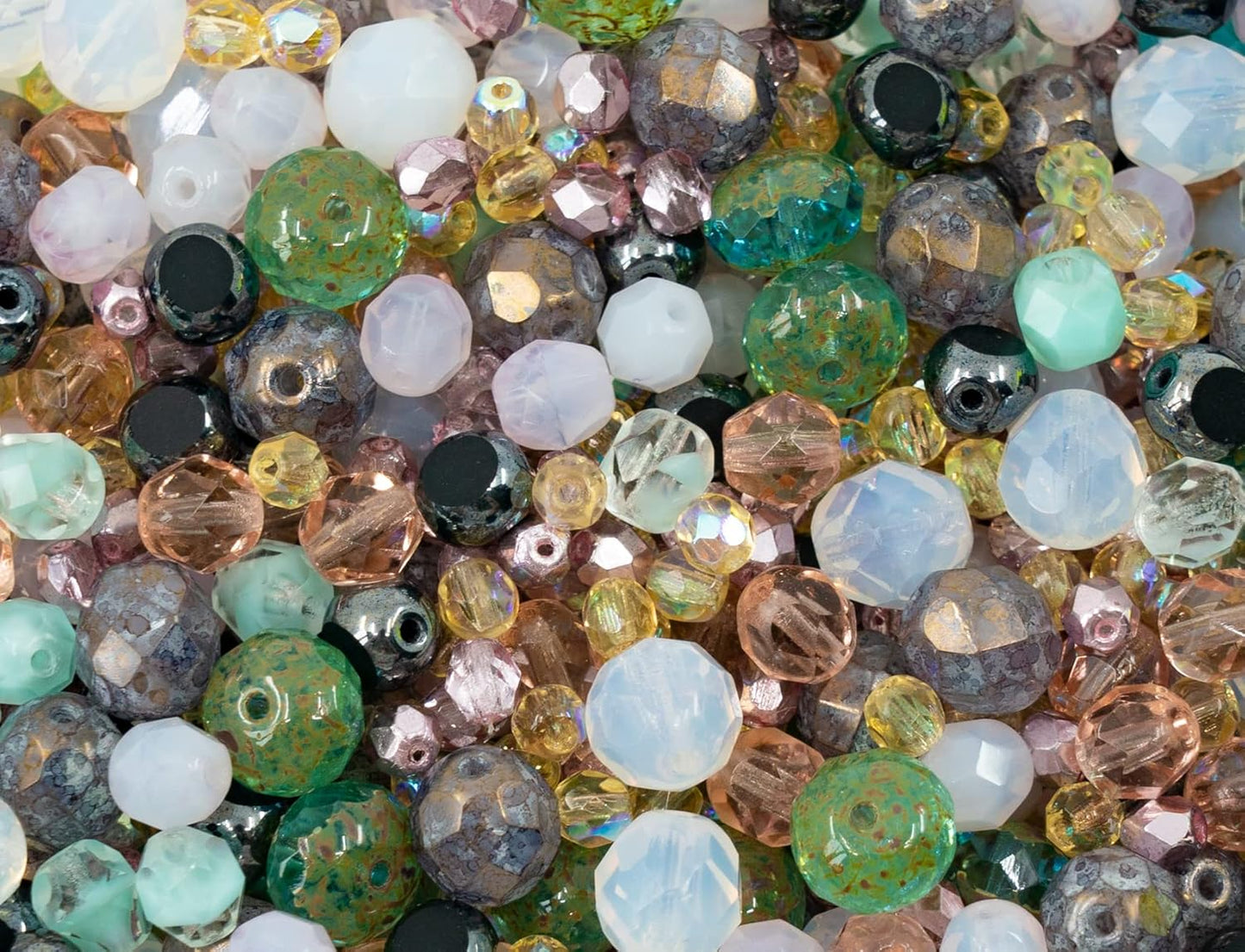 1.8 oz (50g) Gentle Mix of Faceted Fire Polished Czech Glass Beads (Round, Rondelle etc) 4-10mm, Light Pink Teal Yellow Opal