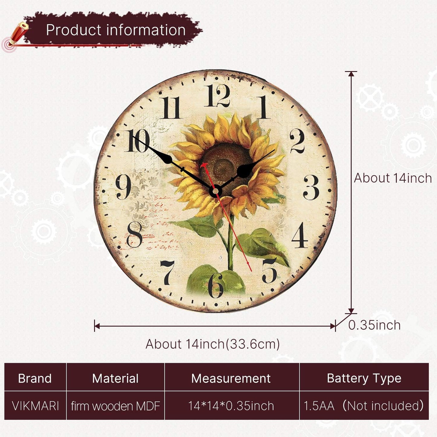 VIKMARI Art Decorative Arabic Numeral Wooden Wall Clock Battery Operated Quartz Silent Round Clocks 14 Inch Sunflower Hanging Clock for Bedroom,Dining Room,Office and Living Room