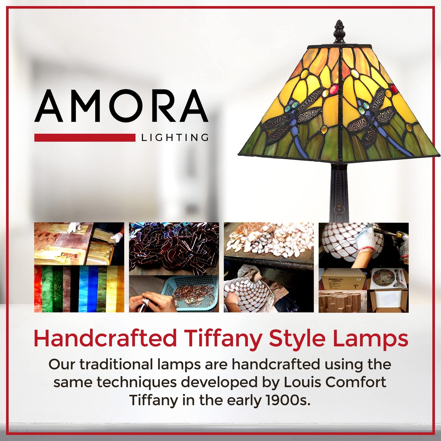 Amora Vintage Tiffany Table Lamp - Floral Blue Dragonfly Table Night Light - Yellow And Green Glass Nightstand Lamp - 15  Tall Stained Glass Lamp