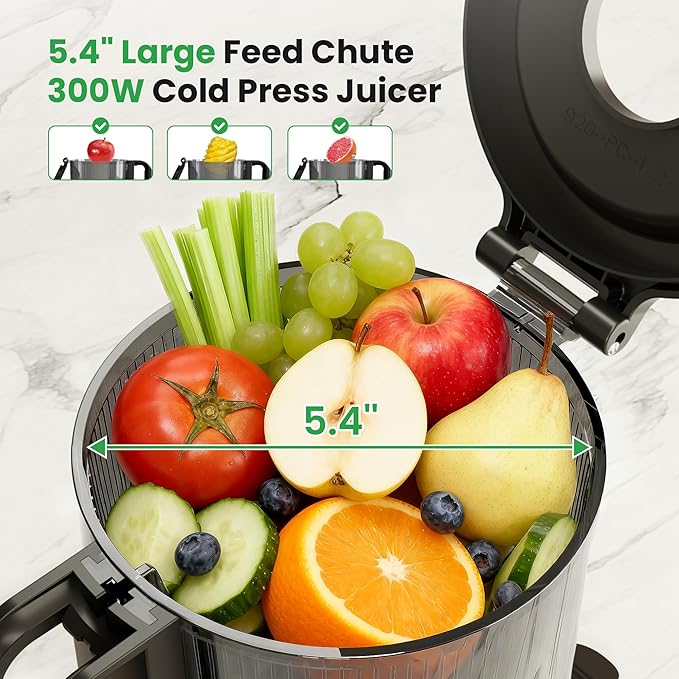Kismile Cold Press Juicer, 5.4" Wide Feed Chute Slow Masticating Juicer with High Juice Yield, Stainless Steel Juice Machine for Fruits and Vegetables, Includes 1.2L Pulp Bin & 1L Juice Cup