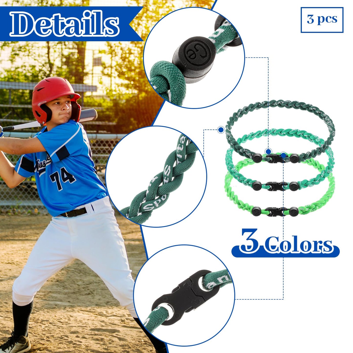Junkin 3 Pcs Baseball Necklaces Three Braided Rope Titanium Necklace for Team Gifts Boys Men Player Softball Fans Sports (Green