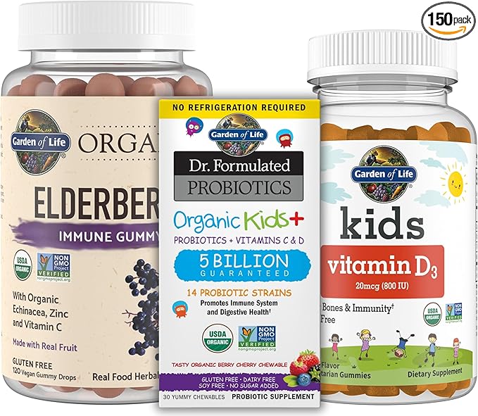 Garden of Life Immune Support Bundle: Organics Elderberry Echinacea, Zinc Gummies 120 Count + Dr Formulated Kids Probiotics Berry Cherry Shelf Stable 30ct + Kids Vitamin D3 Orange Gummies 60ct