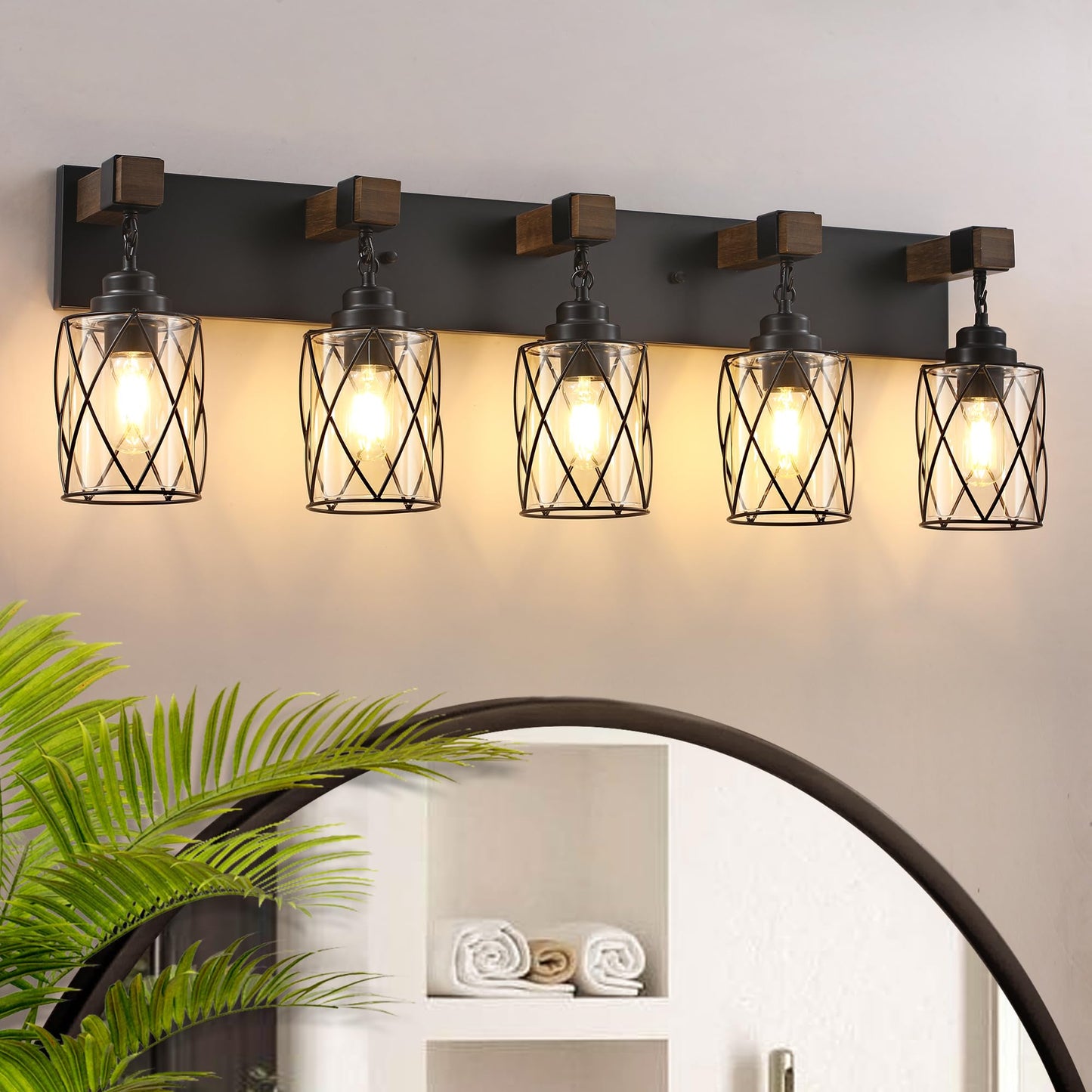 Farmhouse Bathroom Light Fixtures  5 Light Bathroom Vanity Light With Metal And Glass Lampshade  Wood Rustic Lighting Fixtures Over Mirror  Black Wall Sconces For Living Room  Bedroom