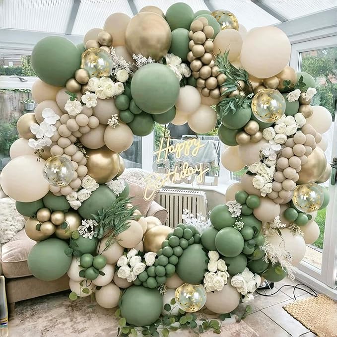 Sage Green White Sand Balloon Arch Kit, Green Beige Gold Metallic Balloons Garland Kit with Gold Confetti Balloons for Bir...