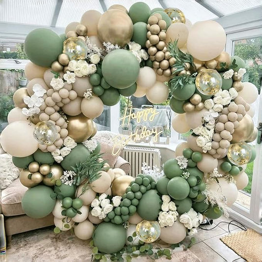 Sage Green White Sand Balloon Arch Kit, Green Beige Gold Metallic Balloons Garland Kit with Gold Confetti Balloons for Bir...