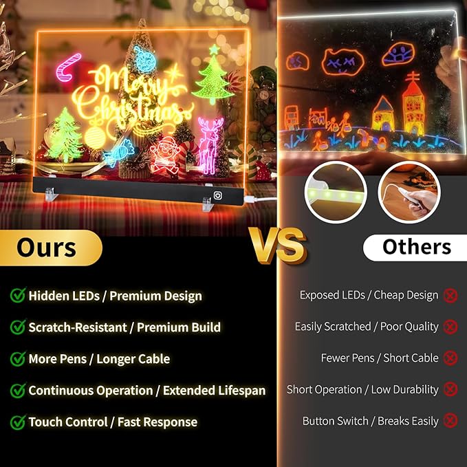 LED Note Board with Colors, Led Drawing Board for Kids, Light Up Acrylic Dry Erase Boards with Stand, Christmas & Birthday Gifts for Girls/Teens (Black, 13.8" x 9.8")