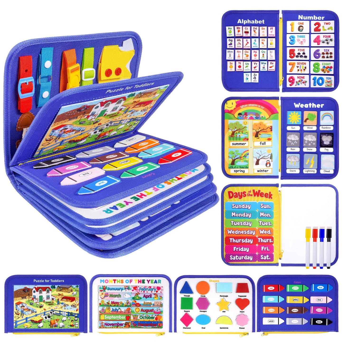 12-page Toddler Busy Board Montessori Toys for 1 2 3 4 Years Old, Busy Book for Toddlers 1-3 Boy Birthday Gift, 24 in 1 Activity Sensory Toys for Motor Skills, Travel Toy for Car Airplane (Blue)