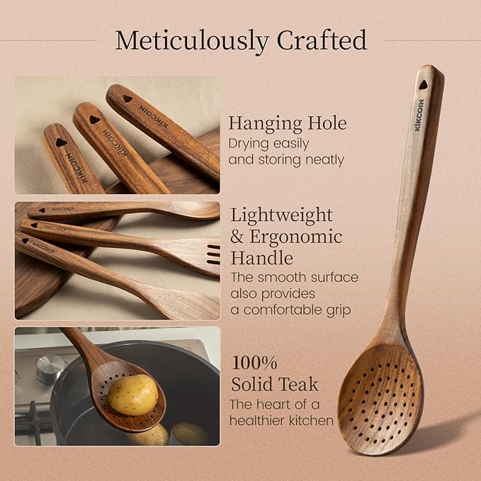 Kikcoin Wood Kitchen Utensils Set, 7 PCS Solid Teak Wooden Spoons for Cooking with Long Handle Heat-Resistant Wooden Cooking Utensils Set for Non-stick Cookware Including Hanging Hole