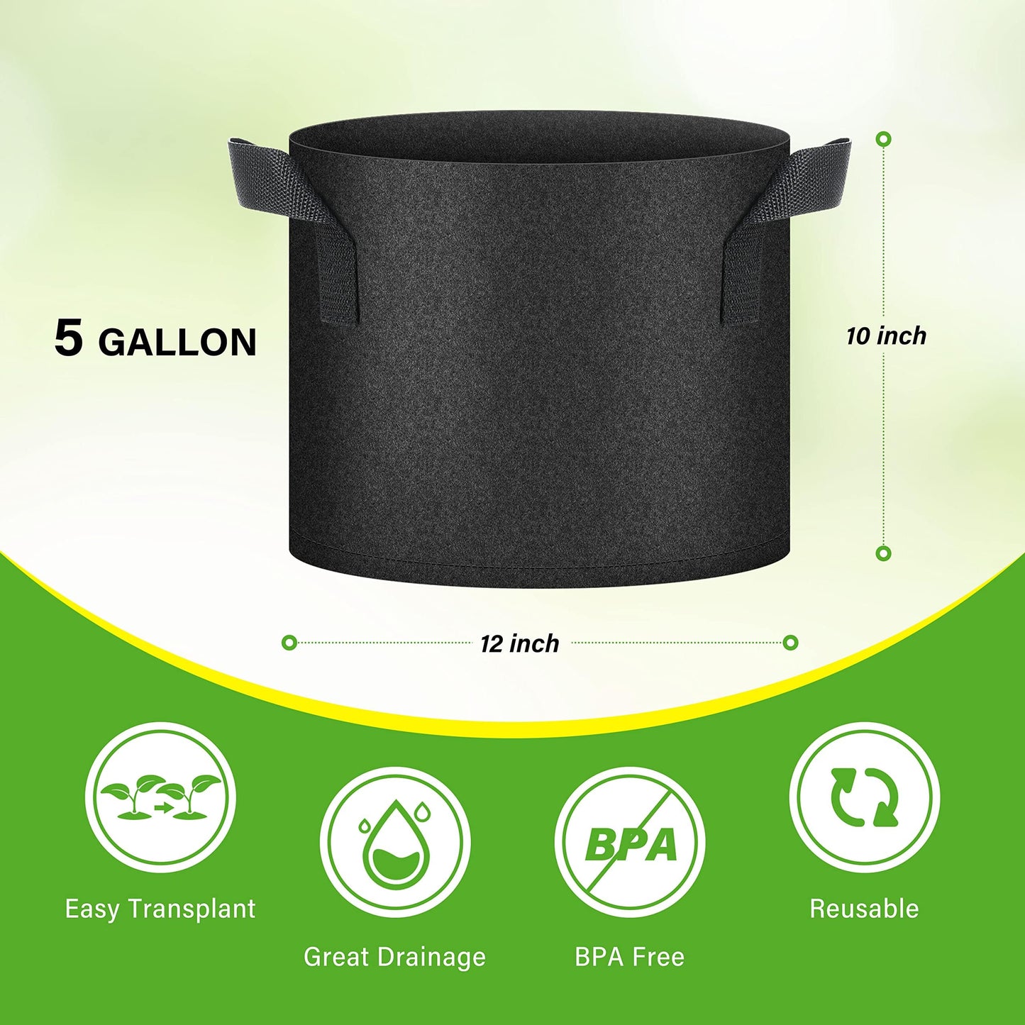 HealSmart 12-Pack 5 Gallon Grow Bags, Nonwoven Aeration Fabric Pots with Handles, Cloth Plant Pots, Suitable for Garden Fruits, Vegetables, Tomato and Flowers, Black