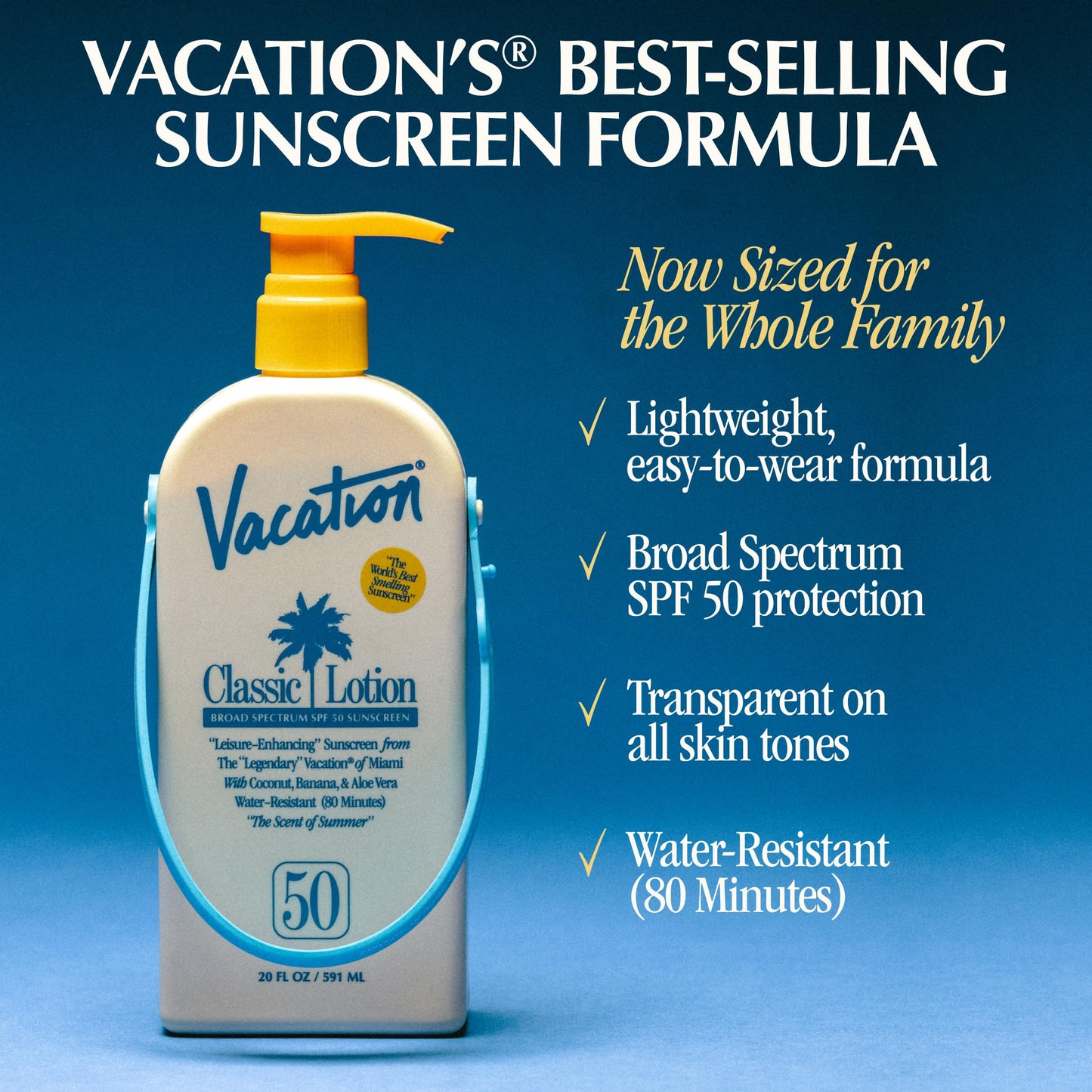 Vacation Classic Lotion SPF 50 Sun Jug, Broad Spectrum Bulk Sunscreen SPF 50, Water Resistant Sunblock, Suntan Lotion with Pump,