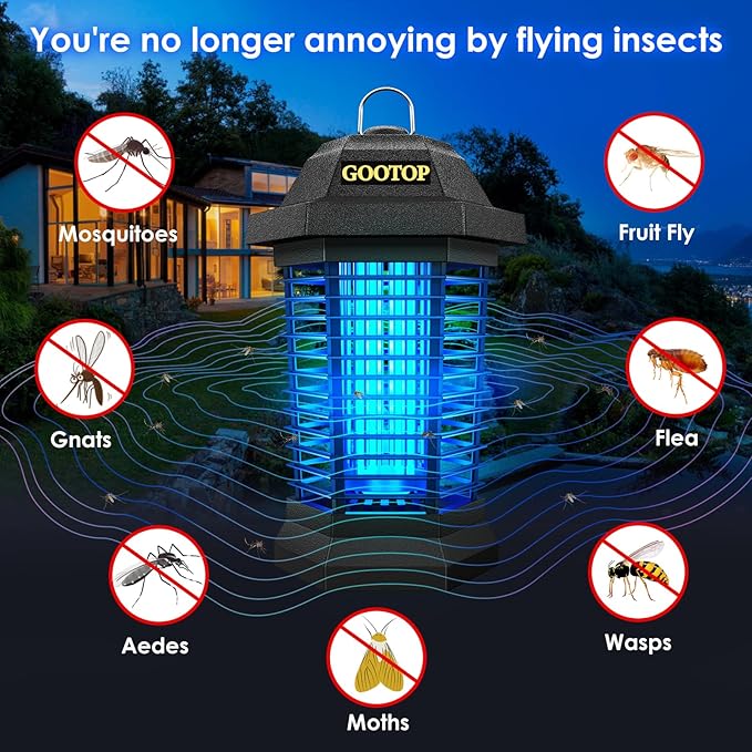 GOOTOP Bug Zapper Outdoor, Mosquito Zapper, Electric Fly Zapper, Mosquito Killer, Fly Traps, 3 Prong Plug, Flying Insects Zapper Indoor Outdoor 90-130V, 4200V, ABS Plastic Outer (Black)