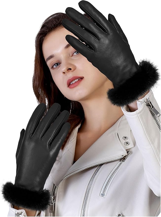 FIORETTO Womens Chrome-Free Genuine Leather Gloves with Fur Cuff Touchscreen Winter Warm Driving Gloves Cashmere Lined 21020