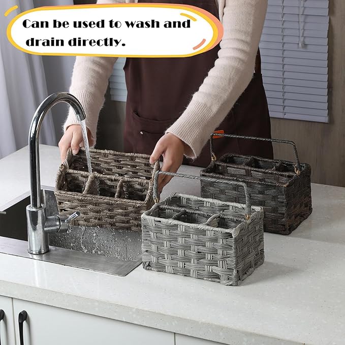 Silverware Holder for Party Plastic Utensil Holder Wicker Silverware Caddy Cutlery Holder with Handle Spoon and Fork Organizer Light Gray Utensil Caddy for Kitchen Counter