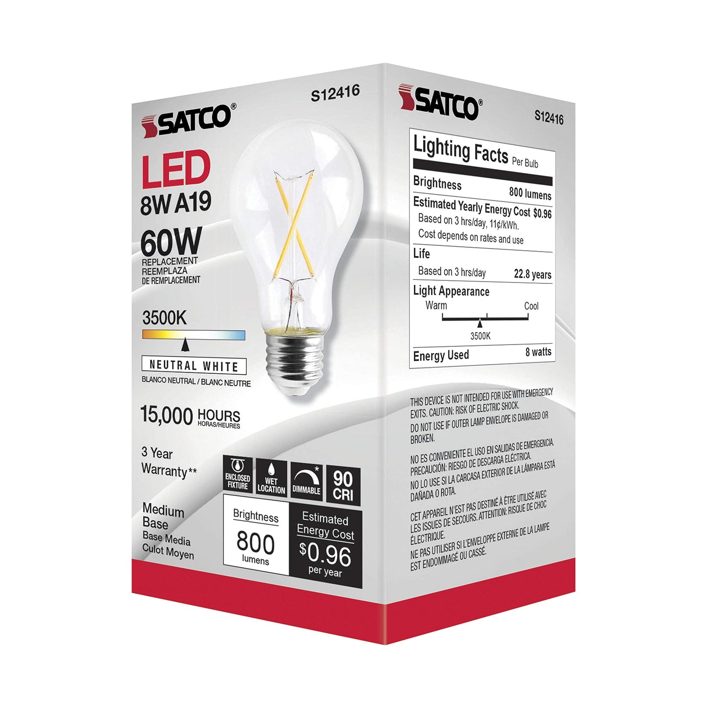 Satco S12416 Led A19 Warm White Light Bulbs, 8 Watt, 6 Pack, Glass, 3500K, E26