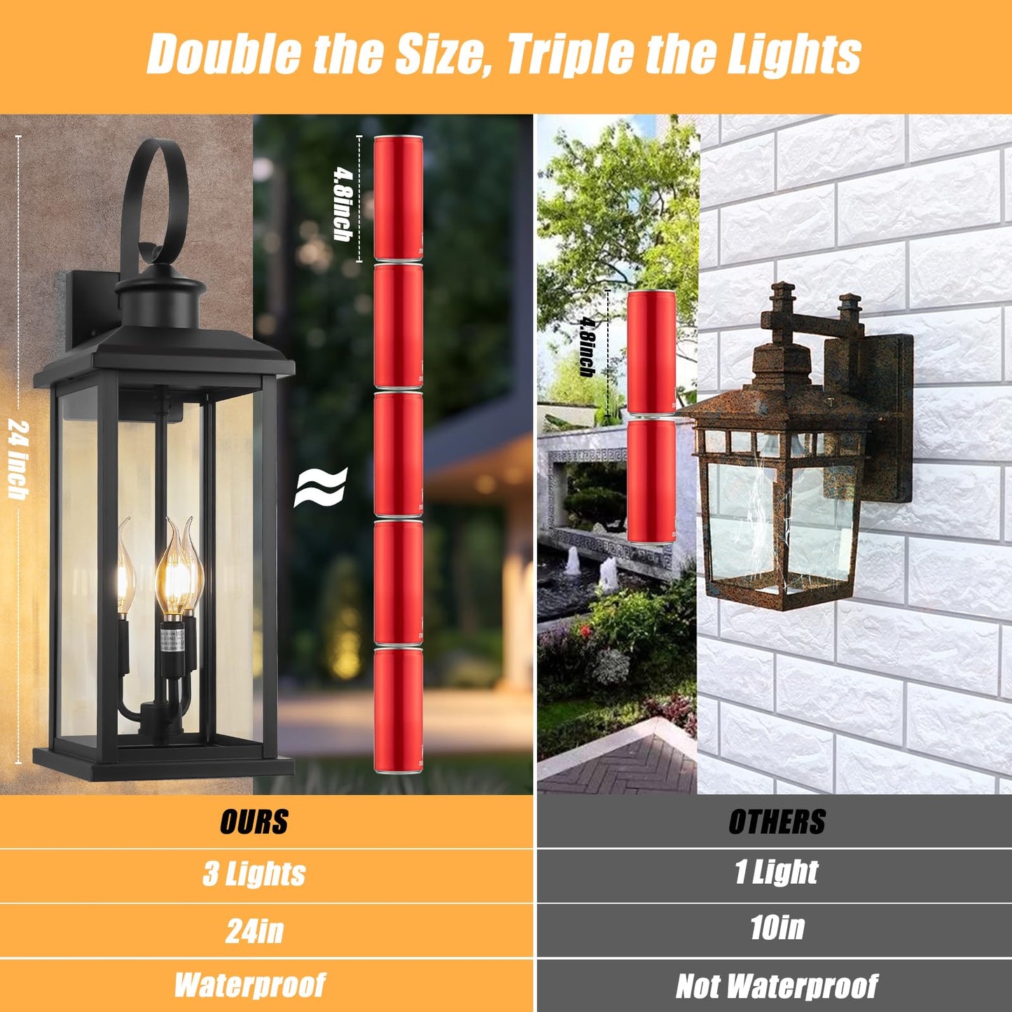 Siafavoi 24 Extra Large Outdoor Wall Light Fixture 2-Pack  Black 3-Light Modern Porch Lantern  Waterproof Exterior Lighting Sconce Wall Mount  Outside Lamp For House Garage Patio E12 Base