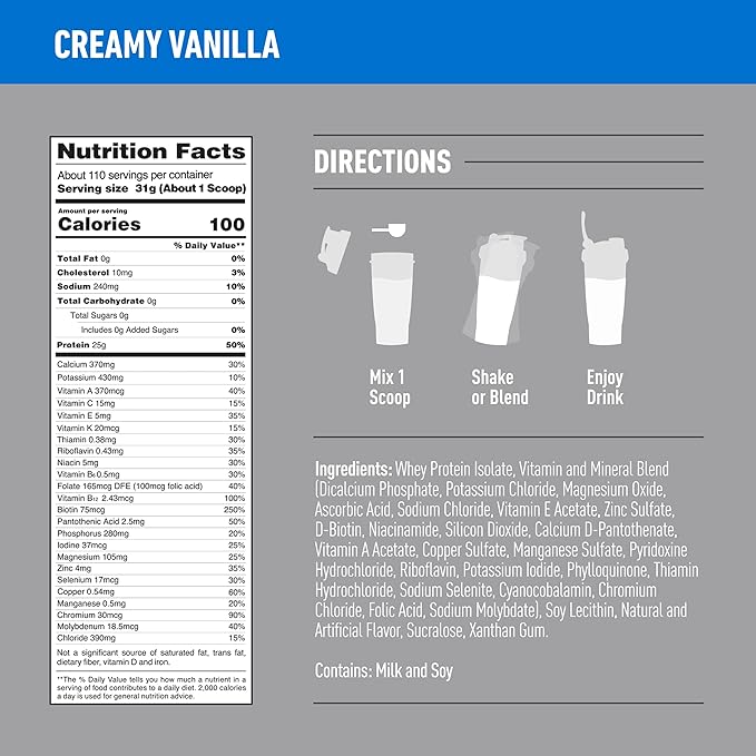Isopure Zero Carb 100% Pure Whey Isolate Protein Powder, Lactose Free, Gluten Free, With Vitamins, Creamy Vanilla, 25g Protein Per Serving, 7.5 Lbs, 110 Servings (Packaging May Vary)