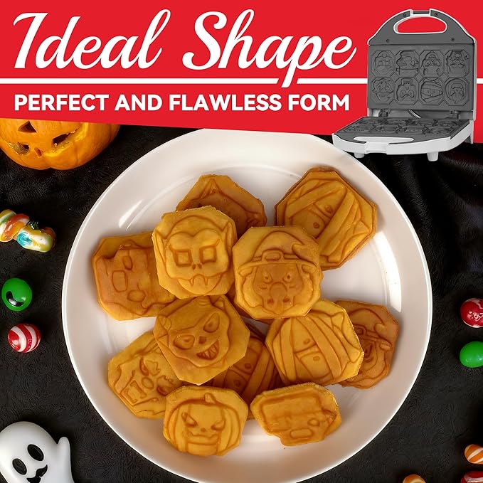 Spooky Mini Waffle Maker for Kids, Mini Pancake Maker Machine, Electric Small Waffle Iron, 8 Fun Character Waffle Maker, Gift for Christmas Halloween, White