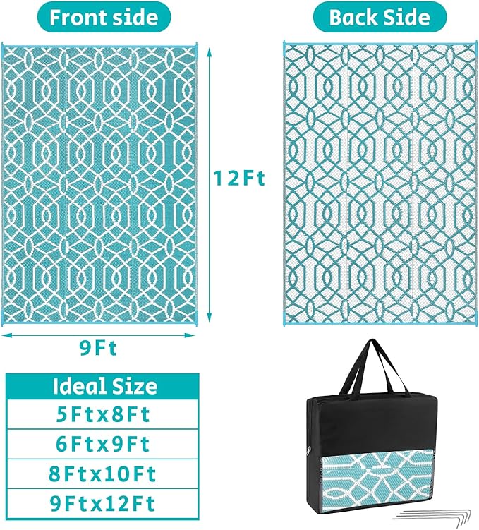 HEBE Outdoor Rug 9'x12' for Patios Waterproof Clearance Reversible Patio Mat Plastic Straw Rug RV Camping Mat Outside Area Rug Carpet for Camping RV,Porch,Deck,Balcony,Camper,Backyard