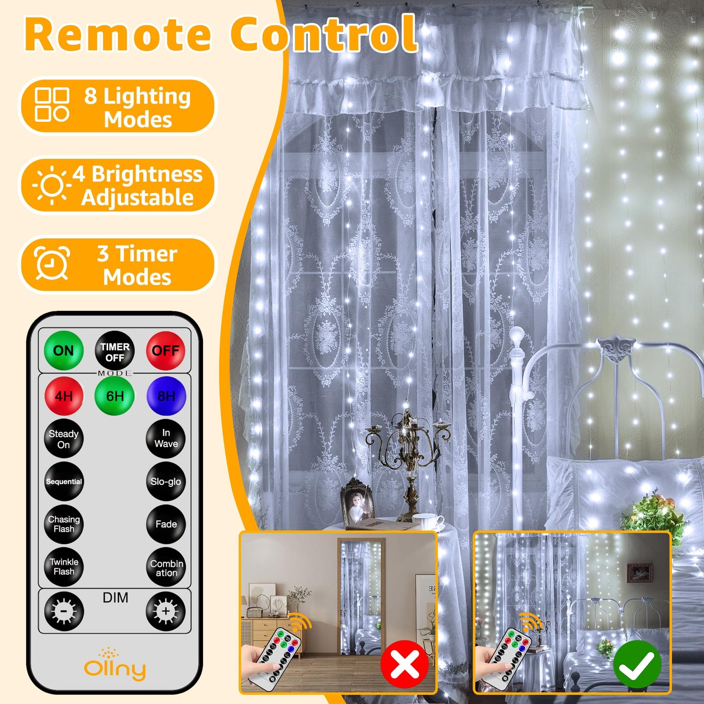 Ollny Curtain Lights 300Led 9.8Ftx9.8Ft  Connectable Ip67 Waterproof Outdoor Curtain String Lights With Remote  Plug-In Untangle Fairy Lights With 8 Modes 3 Timers For Wall Backdrop Decor(Cool White)