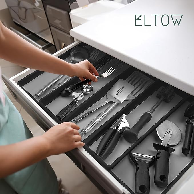 ELTOW Expandable Utensil Drawer Organizer, 5 Compartment Non-Slip & Adjustable Large Utensil Organizer for Kitchen Drawers, Kitchen Organization for Utensils, Flatware Storage Tray (Black)