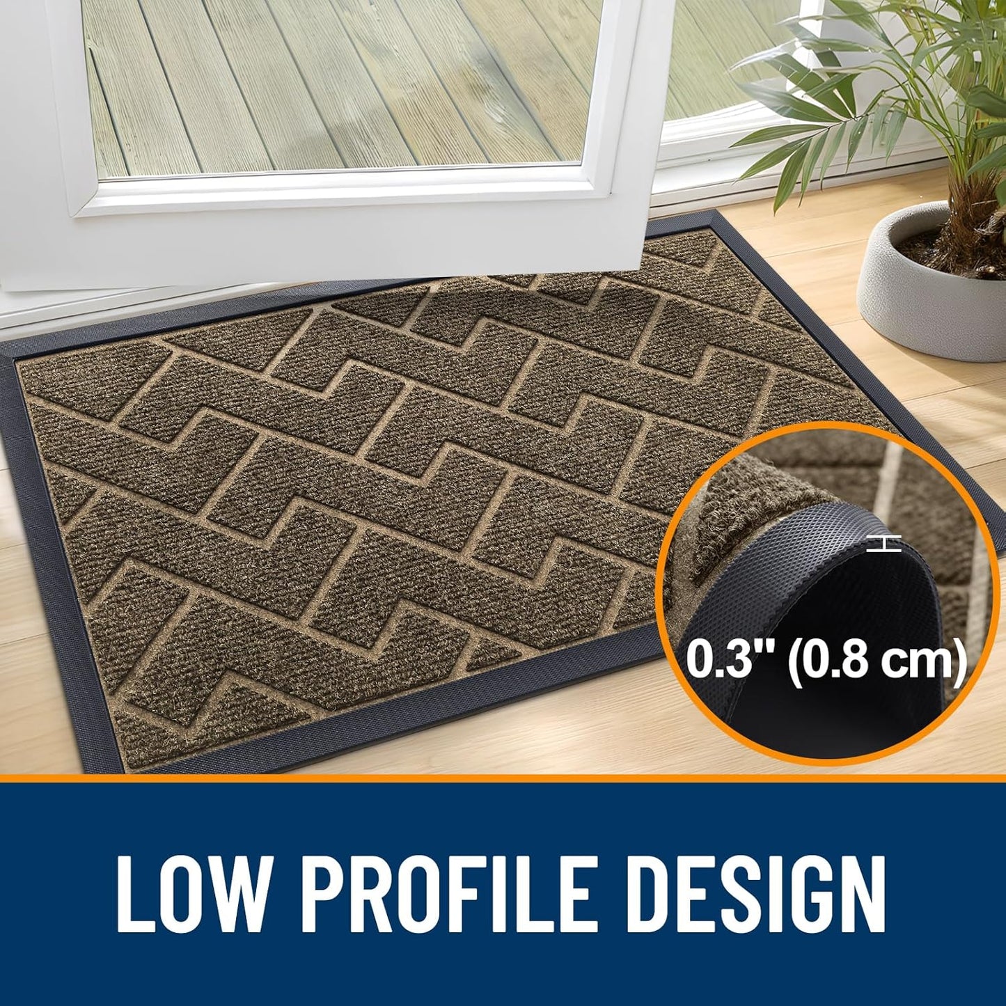 OLANLY Front Door Mat Indoor Outdoor Entrance, Waterproof All-Season, All-Weather Doormat, Sturdy Natural Rubber, Low Profile, Easy Clean Patio Porch Entryway Mat, Herringbone Brick (Brown, 71x23)