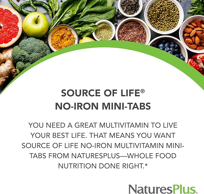 Natures Plus Source of Life No Iron - 180 Mini-Tabs - Multivitamin & Mineral Supplement - Supports Natural Energy & Overall Well-Being - Gluten Free, Vegetarian - 30 Servings