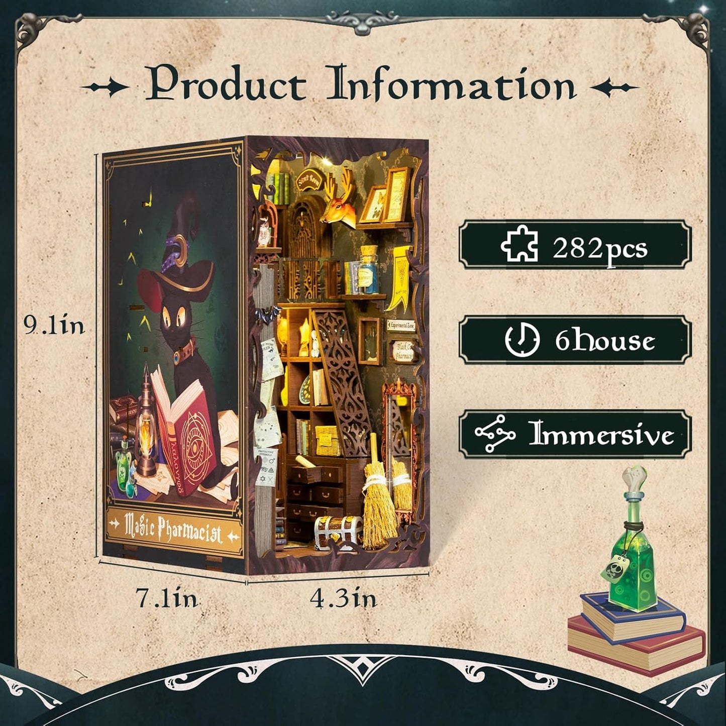 Fsolis Book Nook Kit, DIY Miniature Dollhouse Kit, 3D Wooden Puzzle for Adults, 282 Pieces, Bookshelf Decor Tiny House Mini Booknook Craft, Gifts for Women Teens and Puzzle Lovers (Magic Pharmacist)