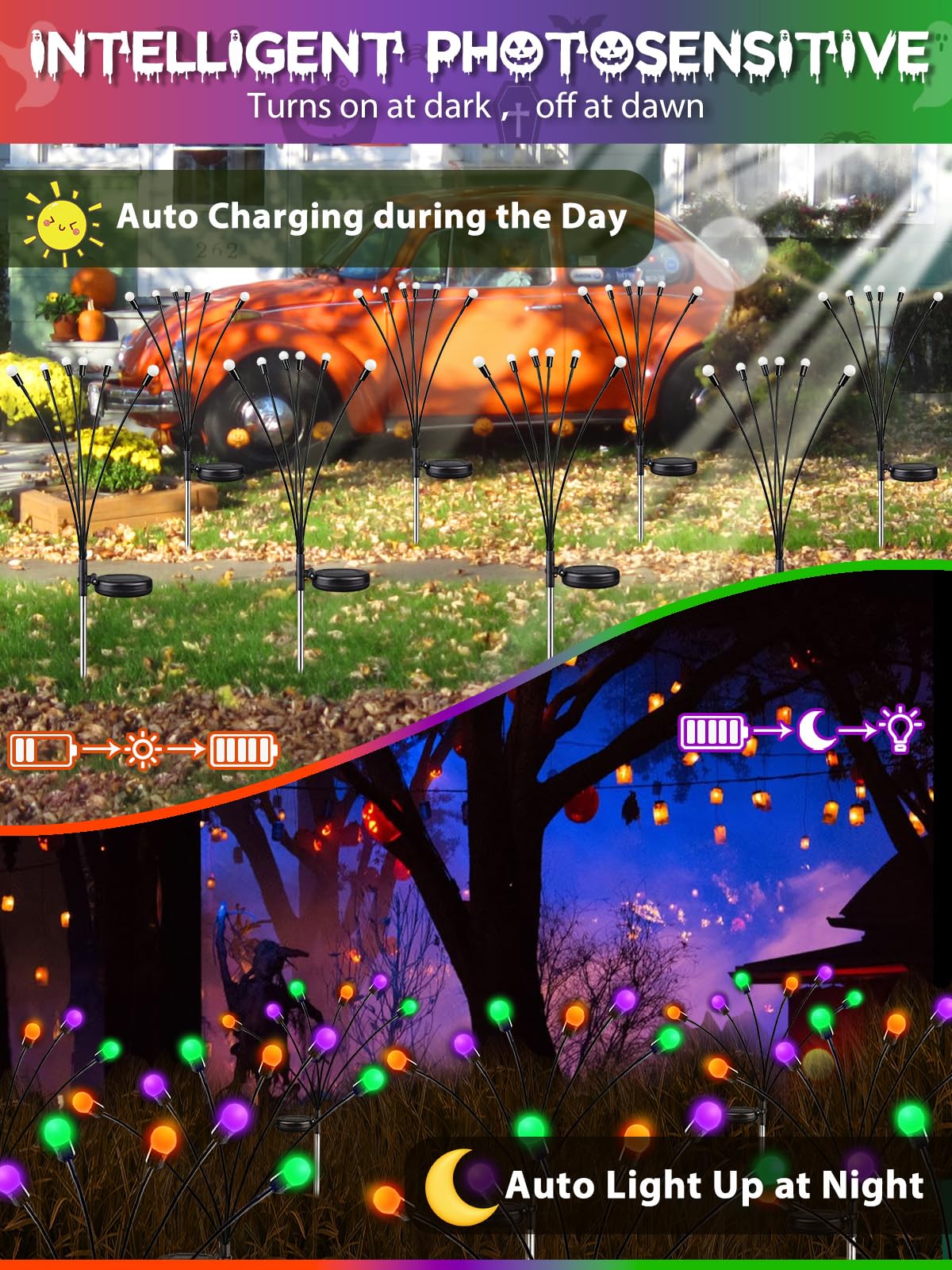 Halloween Decorations Outdoor  6 Pack Solar Firefly Lights Outdoor  48 Led Solar Halloween Lights  Waterproof Garden Light (Sway By Wind) For Outside Yard Patio Pathway Decor (Orange Purple And Green)
