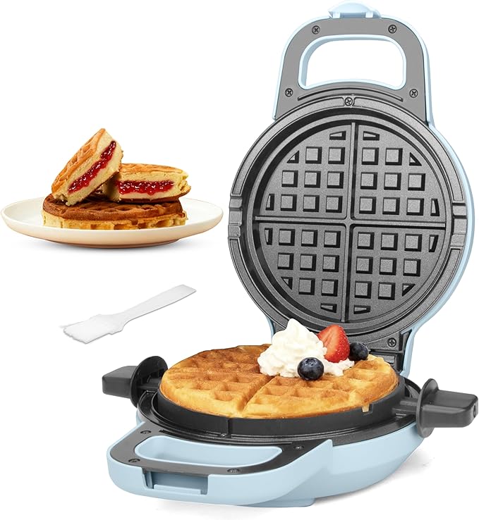 6" Stuffed Waffle Maker Rotating, Flip Waffles Maker Machine with Removable Waffle Ring, Ceramic Coated Belgian Waffle Maker for Kids, Waflera Electrica, Waffle Iron, Pale Blue