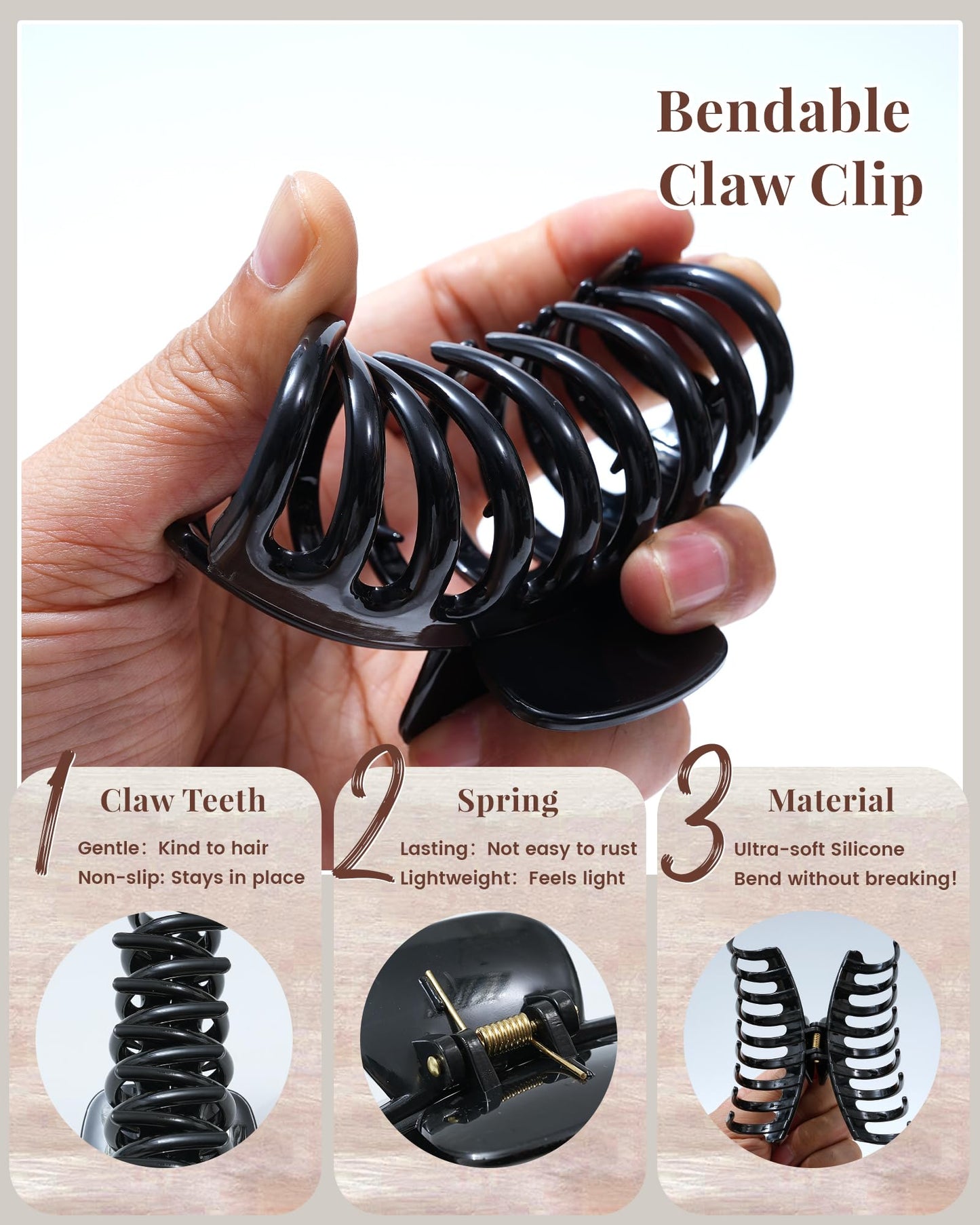 Mesovor 4 Pack Silicone Flexible Hair Claw Clips, Nonslip 4.33 Large Bendable Claw Clip | Soft Cozy Neutral Hairclips for Thin a