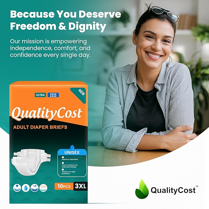 QualityCost Adult Incontinence Underwear Briefs with Tabs, 40Pack, Unisex Heavy Duty Briefs, Maximum Absorbency, Leak Proof, Disposable Pull-Ups for Overnight Protection, Size 3XL (64-92 inch Waist)