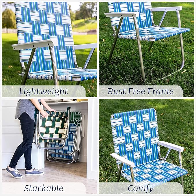 Lawn Chair USA - Outdoor Chairs for Camping. Made with Lightweight Aluminum Frames and UV-Resistant Webbing. Folds for Easy Storage 2- Pack (Sea Island with White Arms, Classic)
