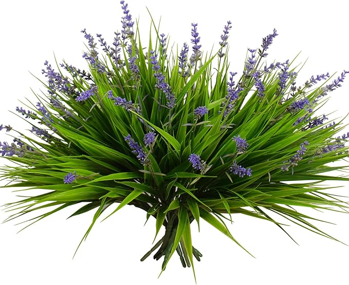 alyptus 12 Bundles Artificial Plants Outdoor Fake Monkey Grass with Flowers for Pot UV Resistant Plant Decor for Window Ga...