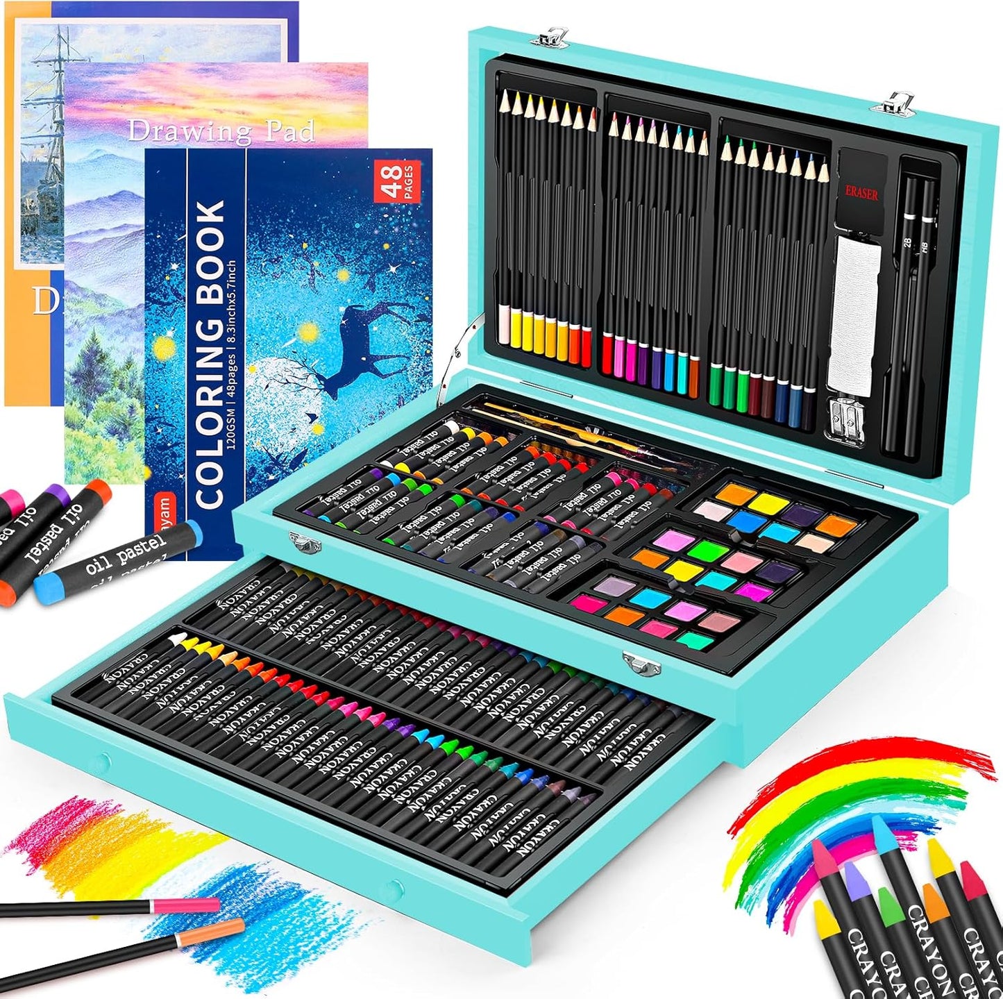 iBayam Art Supplies, 150-Pack Deluxe Wooden Art Set Crafts Drawing Painting Kit with 1 Coloring Book, 2 Sketch Pads, Creative Gift Box for Adults Artist Beginners Kids Girls Boys