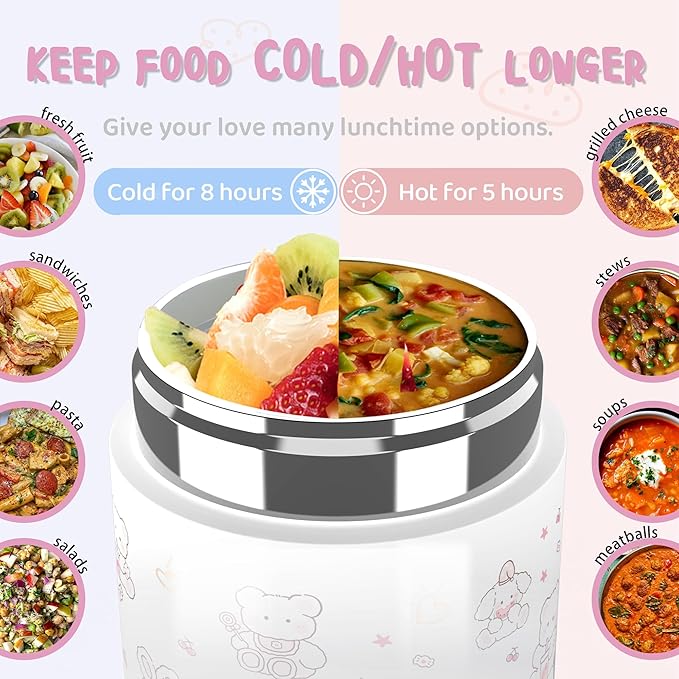 12oz Insulated Food Jar for Kids, Easy Carry, Wide Mouth, Thermos for Hot Food, Soup, Salad, Sandwich, School Lunches (Pink-Rabbit)