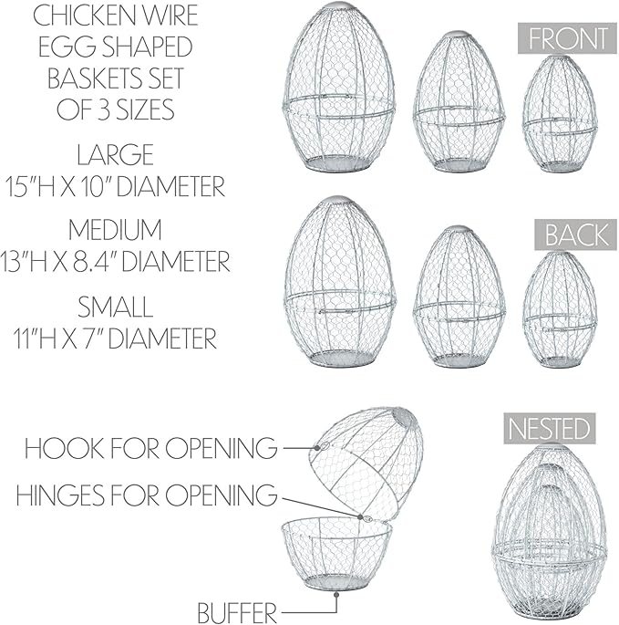 VHC Brands Bunny Hop Chicken Wire Egg Shaped Baskets Set of 3 Sizes