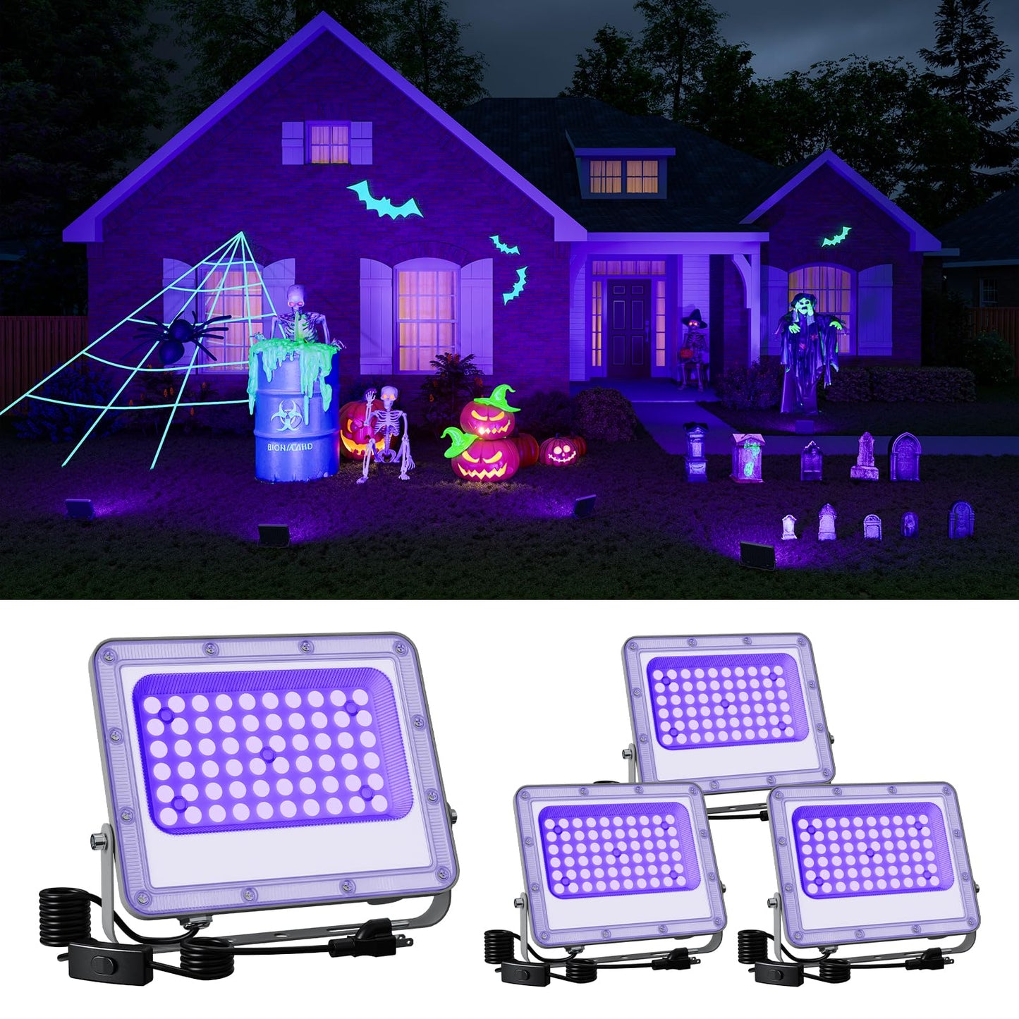 4 Pack 50W Halloween Blacklight Flood Lights Wired 120V Ip66 Waterproof Uv Led Black Lights For Holiday Decor  Skeleton  Bat  Witch  Body discomfort-reducingt  Glow Party  Purple Ambiance Lighting For Wall  Yard