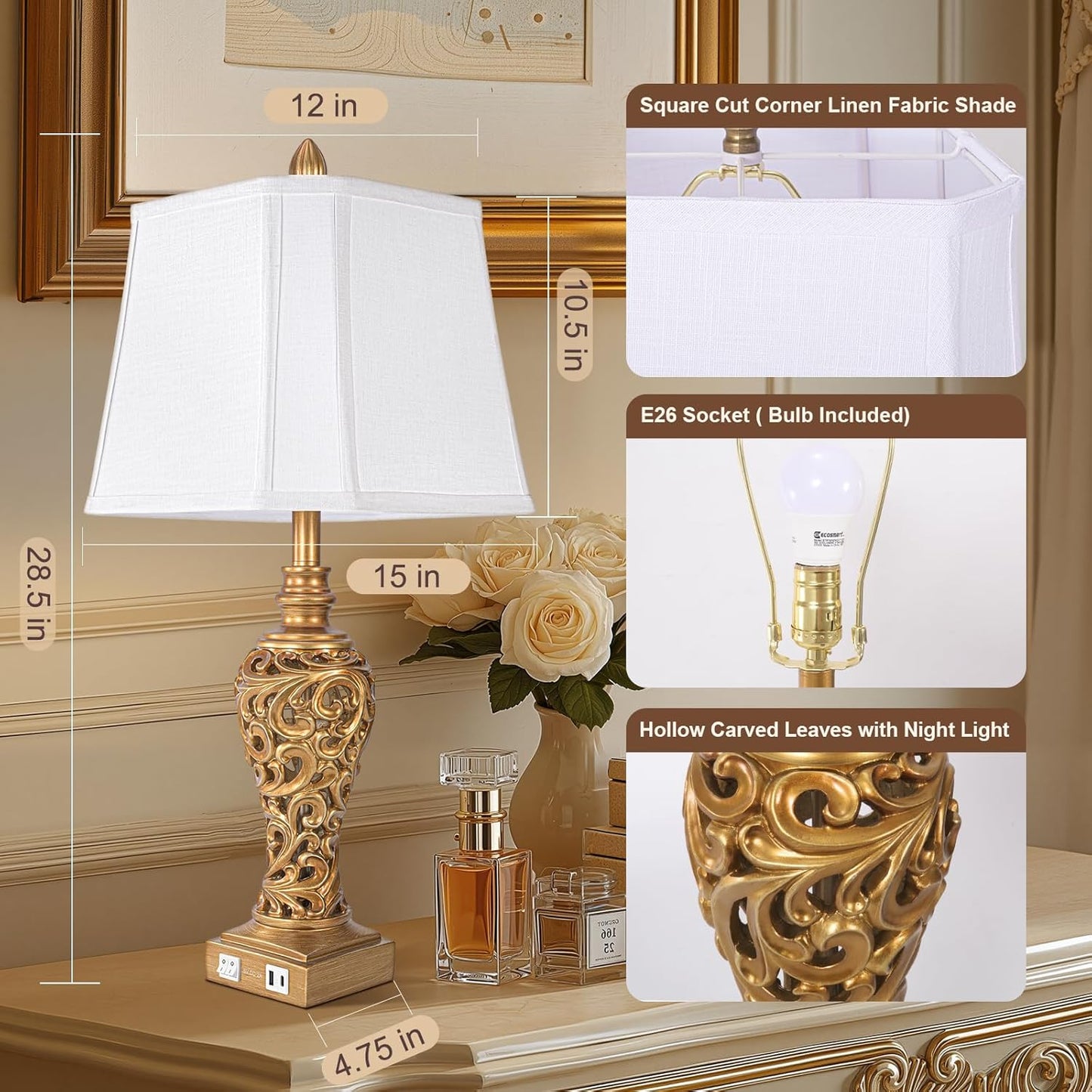 Vintage Table Lamps Set of 2, 28.5'' Tall Antique Gold Bedside Lamps with Fabric Shades, USB A+C Charging Ports & Night Light, Farmhouse Nightstand Lamps for Bedroom Living Room Office (Bulb Included)