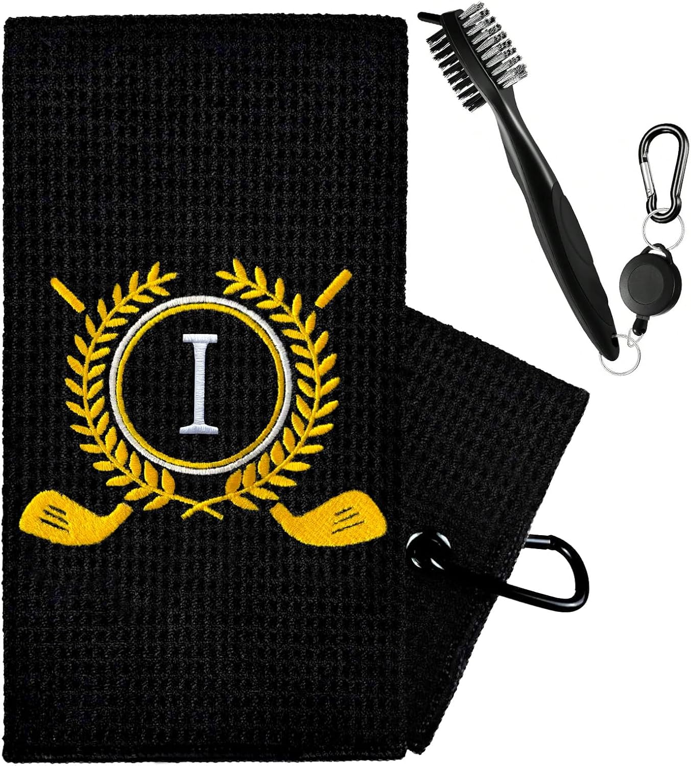 Personalized Golf Towels for Golf Bags - Microfiber Monogrammed Golf Towels for Men/Women, Retractable Brush Tool Kit with Club Groove Cleaner, Custom Golf Accessories for Golfers (Initial I)