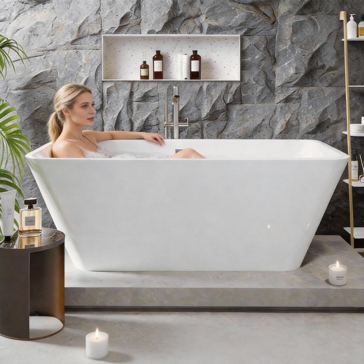 59" Freestanding Acrylic Soaking Tub,Large Freestanding Bathtub with Non-Slip Surface, Overflow and Drain Included, Freestanding Bathtub with Chrome Drain, Deep Stand-Alone Tub for Relaxing Home Spa