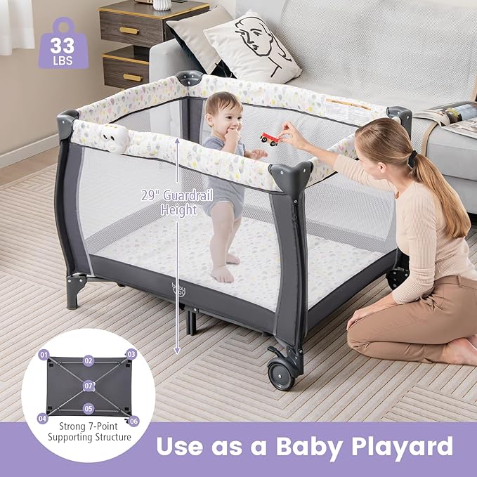 Costzon 3 in 1 Pack and Play with Bassinet, Portable Baby Playard with Changing Table, Music Box, Whirling Toys, Wheels/Brake, Basket, Bag, Foldable Infant Bassinet for Baby Toddlers Indoor Outdoor