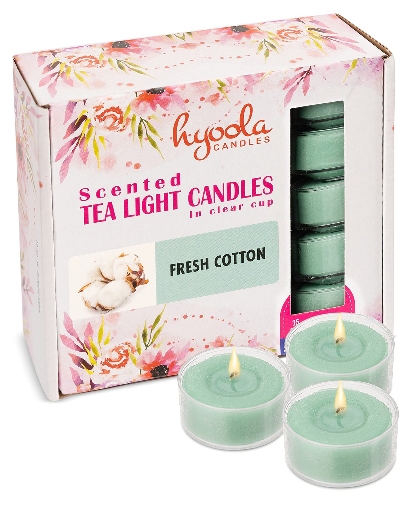 Hyoola Scented Tealight Candles - Fresh Cotton - 6 Hour Burn Time - 15 Pack - Clear Cup - 1.9 Inch